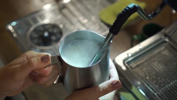 전문적 바리스타 가완벽 온도로 카푸치노를 만들기 스테인리스 아이스 주스에 우유를 — 비디오