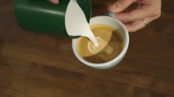 Slowmo Professionele Vrouwelijke Barista Maakt Tulp Cappuccino Close — Stockvideo