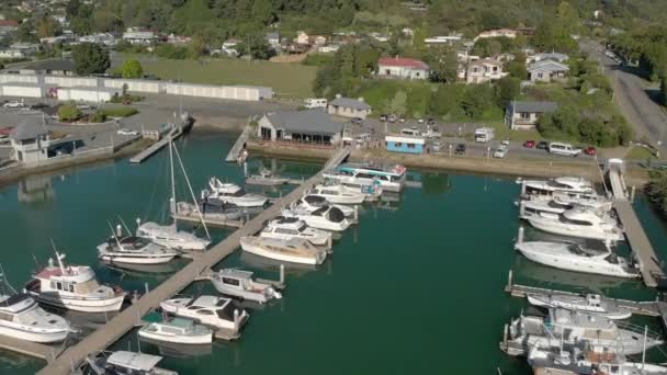 Havelock Nieuw Zeeland Jachthaven Met Boten Zeilboten Jachten Restaurant Mensen — Stockvideo