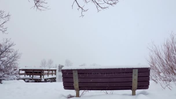 Śnieg Padający Tle Ławki Parkowej — Wideo stockowe