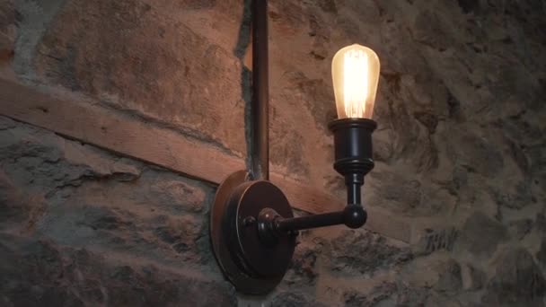Old Antique Lamp New Zealand Schist Stone Wall Luxury Restaurant — Stock Video
