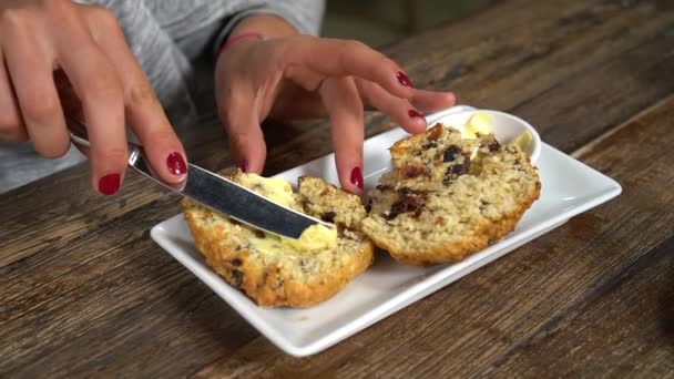 Slowmo Young Woman Spreading Butter Traditional Homemade New Zealand Scone — Stock Video