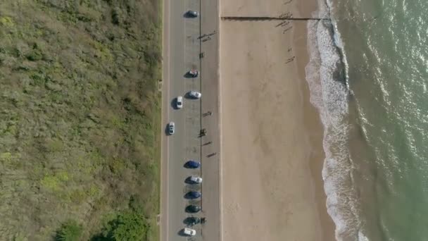 海岸沿いの道路の上下 一方の側には大きな草の銀行は もう一方の黄金の砂浜で 波と熱帯の濁った海の水です 忙しいルートに沿って銀サルーン車に続きます — ストック動画