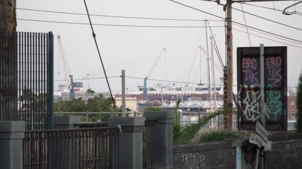 Graffiti Signs Front Cranes Port Catania Italy — Stock Video