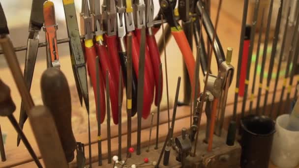 Detail Files Pliers Tweezers Splitters Rack Workroom — Stock Video