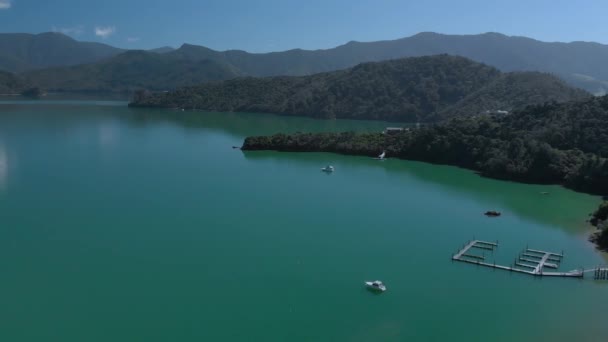 Slowmo Plano Aéreo Veleros Embarcaderos Kenepuru Sound Marlborough Sounds Isla — Vídeos de Stock