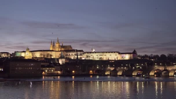 Castelo Praga Ponte Charles Com Céu Incrível Cheio Pássaros Vista — Vídeo de Stock