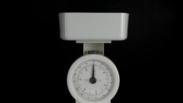 White Kitchen Weighing Scales Black Background Flour Added Needle Fluctuates — Stock Video