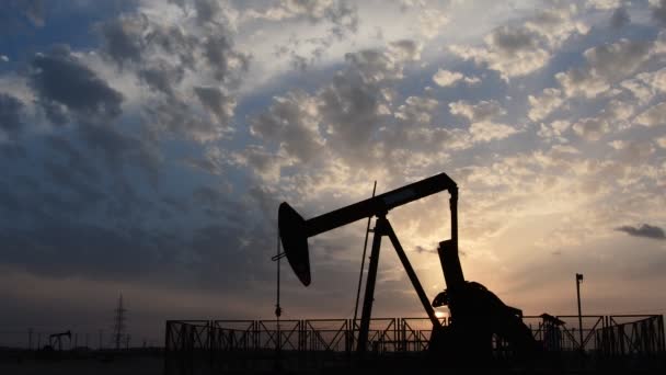 曇った日没時に油田にまだ立っている原油ポンプのシルエット — ストック動画