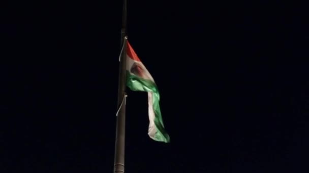 Geceleri Rüzgarda Dalgalanan Macar Bayrağı Alçaktan Görünüyor — Stok video