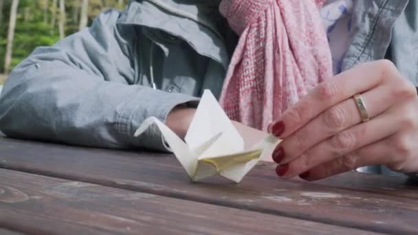 Cisne Papel Origami Acabado Terminar Close Com Menina Fundo — Vídeo de Stock