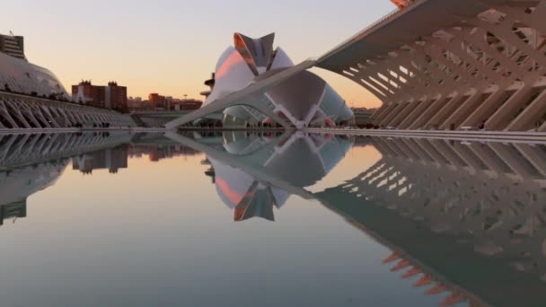 발렌시아 박물관 일몰시에 지상에 풀에서 아름다운 반사와 실시간으로 — 비디오
