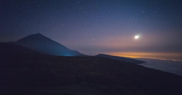 西班牙加那利群岛Tenerife的Teide国家公园的月亮落山时间 特内里费的天体摄影和黑暗天空 — 图库视频影像