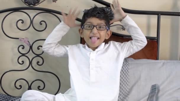 Funny Mocking Little Boy Child Tongue Out Making Faces Hand — Stock Video