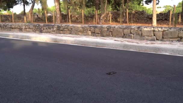 ターマックで普通の道路上の携帯電話ゴリラガラス上の車のタイヤ 広い角度 — ストック動画