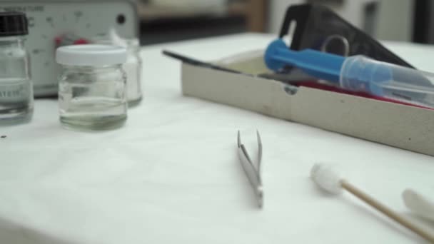 Table Restauration Pleine Outils Pinceau Aiguille Injection Récipients Avec Solution — Video