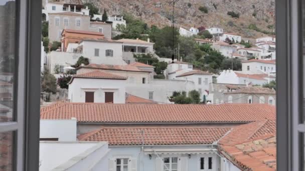 Ein Fensterblick Auf Den Hafen Von Hydra Eine Griechische Insel — Stockvideo