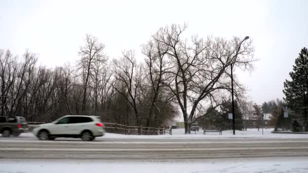 Carros Condução Estrada Coberta Neve — Vídeo de Stock