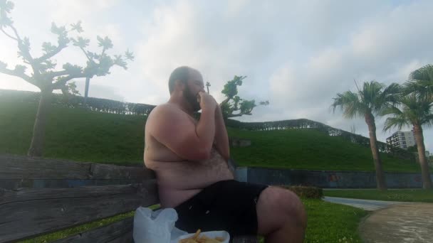 Obeso Slob Mangiare Gustoso Hamburger Mentre Esponendo Sua Grasso Brutto — Video Stock