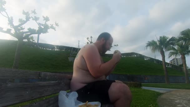 Obese Man Eating Greasy Burger Park Bench Leans Back Rubs — Stock Video