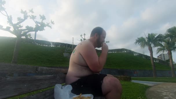 Hombre Sin Camisa Comiendo Una Hamburguesa Mientras Expone Gordo Feo — Vídeos de Stock