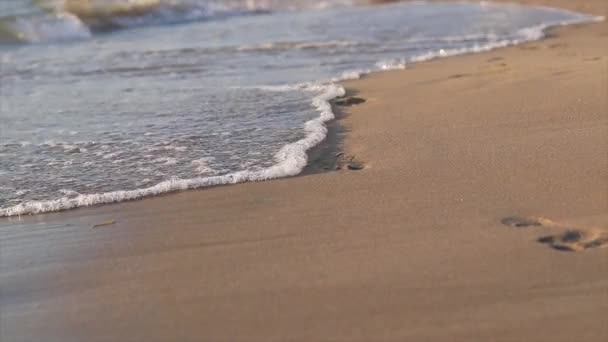 Praia Areia Com Pequenas Ondas Esmagando Sobre Ele Uma Menina — Vídeo de Stock