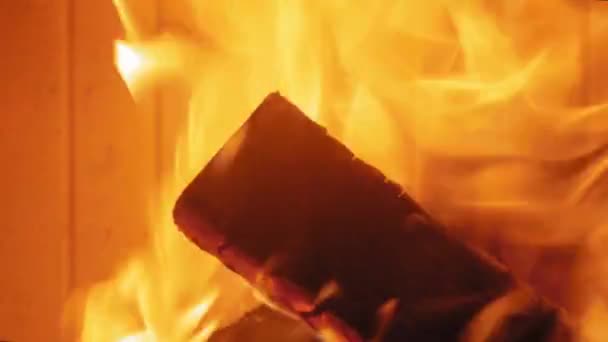 Burning Flame Fireplace Wooden Logs Medium Shot Yule Log Burning — Stock Video