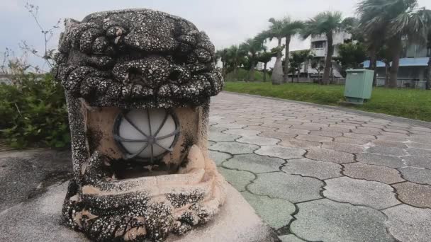 Hombre Caucásico Pasea Perro Junto Una Estatua Gárgola Parque Público — Vídeos de Stock