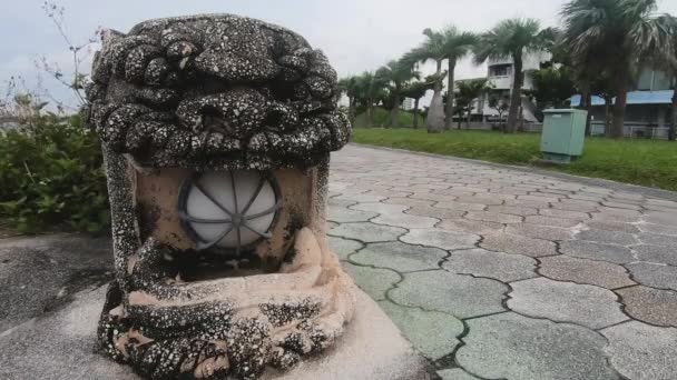 Homme Blanc Obèse Courant Pieds Nus Devant Statue Lion Gardien — Video