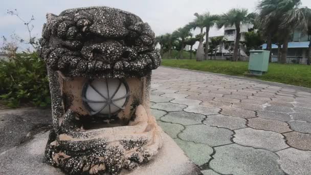 Homme Blanc Obèse Courant Pieds Nus Devant Statue Lion Gardien — Video