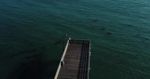 Fischer Ende Der Seebrücke Während Die Kamera Sie Kreist Schuss — Stockvideo