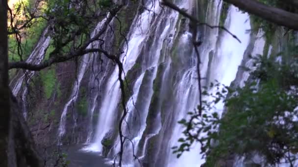 Una Vista Laterale Burney Falls Che Scende Cascata Lungo Rocce — Video Stock