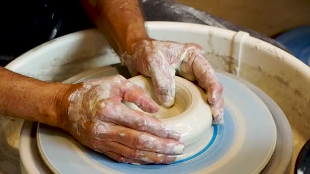 Close Potter Hand Shaping Molding Clay Turning Wheel — Stock Video