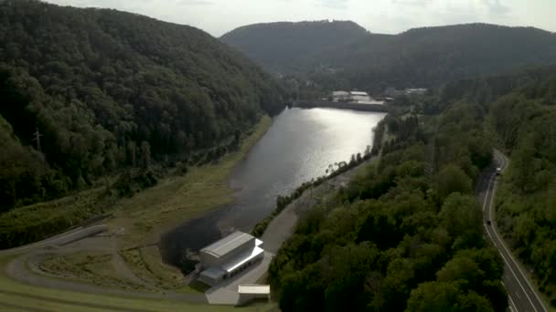 Scenic Drone Shot Beautiful Lake Sunset Harz National Park Alemania — Vídeo de stock