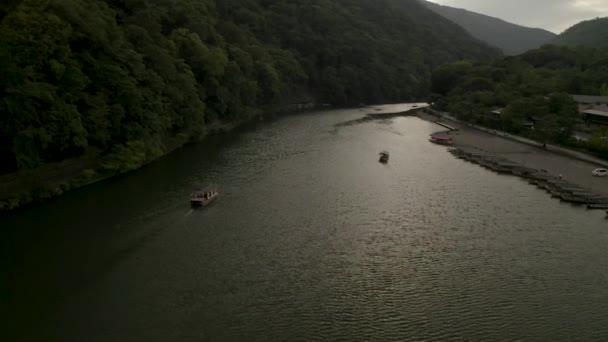 Vue Aérienne Drone Kyoto Coucher Soleil Près Une Rivière Japon — Video