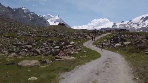 スイスのツェルマットにある美しい山のハイキングコースを歩く時間の経過 ハイキングの安定した動き — ストック動画