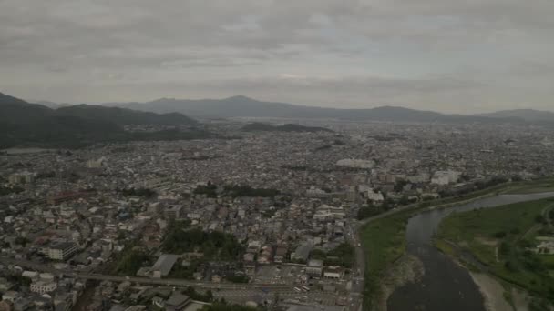 Aerial Drone Shot Kyoto Sunset River Japan Asia — Stock video