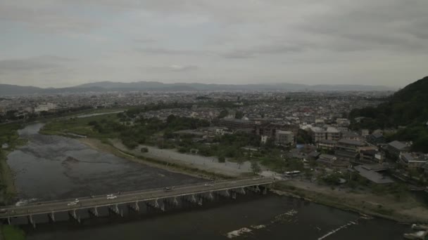 Vue Aérienne Drone Kyoto Coucher Soleil Près Une Rivière Japon — Video