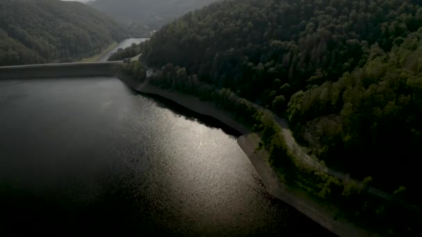 Drone Panorâmico Tiro Belo Lago Pôr Sol Parque Nacional Harz — Vídeo de Stock