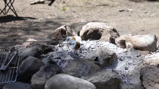 Skjuten Någon Som Steker Gyllenbrun Marshmallow Ett Metallspett För Att — Stockvideo