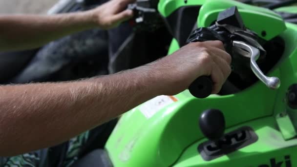 Slow Motion Shot Someone Gripping Handle Bars Quad Atv Four — Stock Video