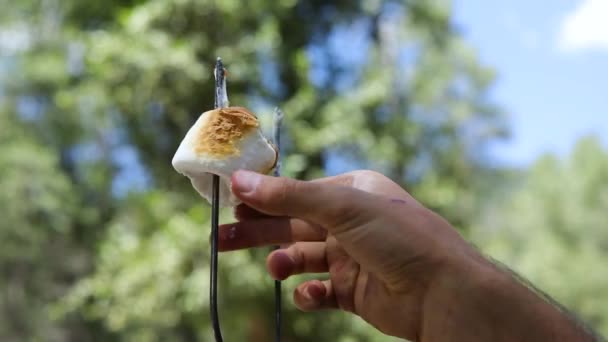 Skjuten Någon Som Drar Gulbrun Marshmallow Ett Metallspett För Att — Stockvideo