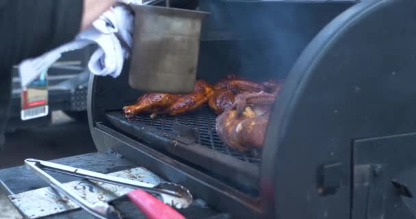 烧烤鸡用烧烤酱汁在一个冒烟的烧烤坑上煎 — 图库视频影像
