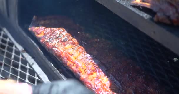Bbq Sauce Being Spooned Rack Cooking Ribs Glaze — Stock Video