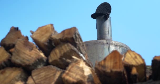 Ein Schornstein Für Eine Grillgrube Hinter Einem Holzstapel — Stockvideo