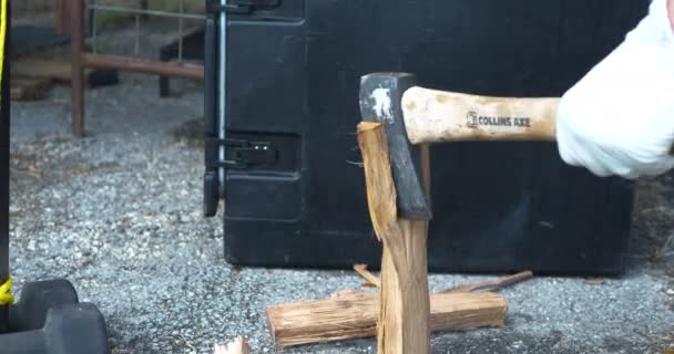 Hout Dat Tweeën Wordt Gesplitst Voor Gebruik Een Bbq Kuil — Stockvideo