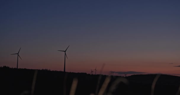 Gün Batımından Hemen Sonra Bir Grup Rüzgar Türbiniyle Mavi Gece — Stok video