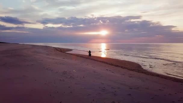 Bike Ride Aerial Young Man Riding Bicycle Sandy Beach Sunset — Stock Video