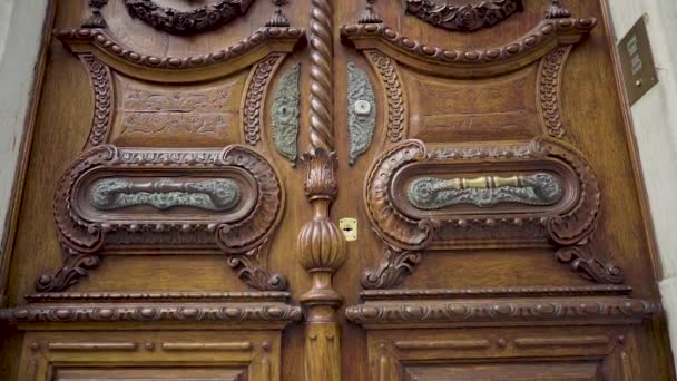 Beauty Wooden Ornate Door Câmera Viagem — Vídeo de Stock