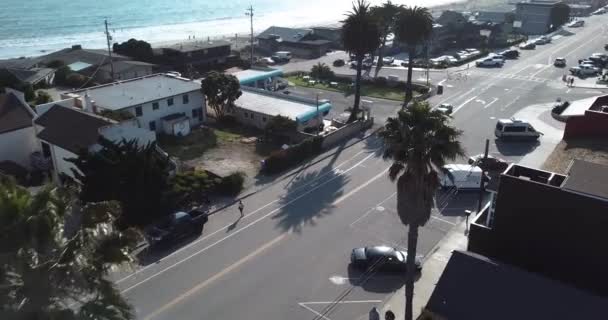 Kleine Ruhige Stadt Strand Palmen Stehen Hoch Einige Menschen Gehen — Stockvideo